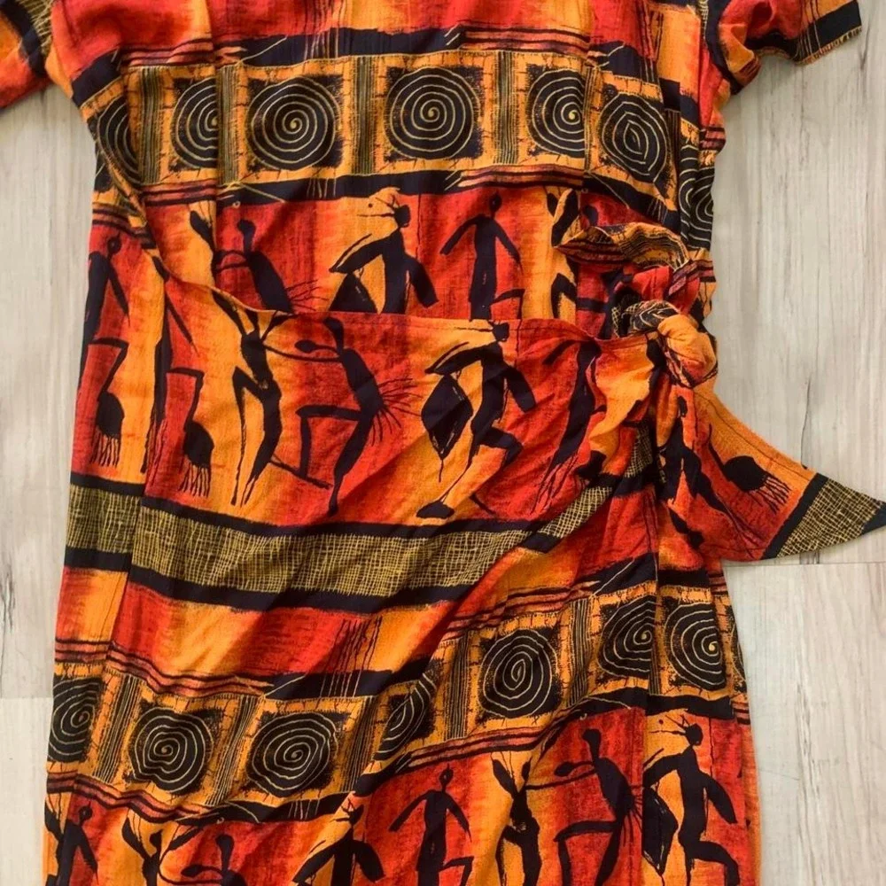 Vintage 1990s African tribal print maxi dress with tie waist, sholder pads sz 12